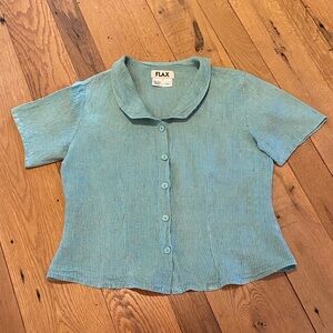 FLAX Linen S/S Blouse Button Up Peter Pan Collar Teal Aqua Purple Stripe SMALL